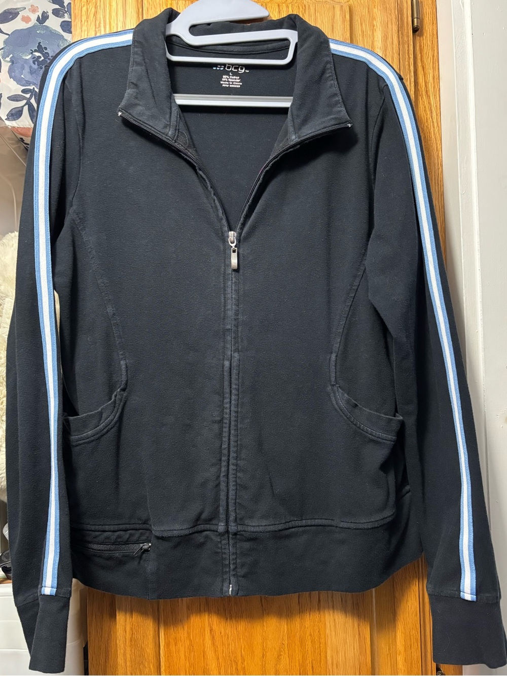 bcg Black Athletic Full Zip Front Top with Striped Sleeve Detail